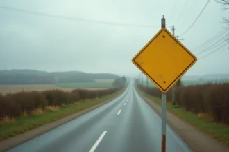 Panneau losange jaune et blanc de route prioritaire planté sur un poteau métallique le long d'une route de campagne française