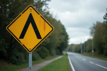 Panneau losange jaune de priorité routière sur poteau métallique au bord d'une route suburbaine française