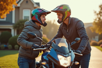 Père et fils souriants avec une moto moderne dans la cour