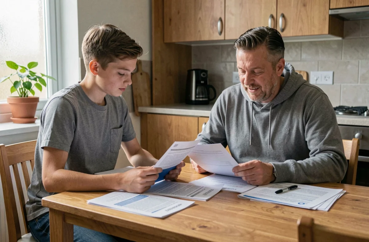 Parent et adolescent consultant les documents d'assurance moto 50cc pour mineur à la maison