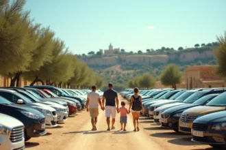 Parking bondé aux Baux-de-Provence en été avec des visiteurs marchant entre les voitures sous le soleil