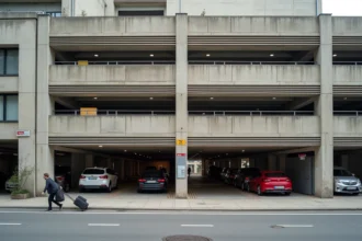 Parking couvert multi-niveaux proche de la gare de Valence avec des voyageurs et leurs bagages