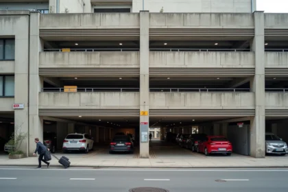 Parking couvert multi-niveaux proche de la gare de Valence avec des voyageurs et leurs bagages