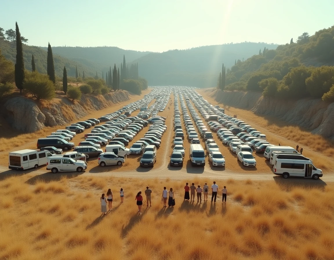 Parking de débordement sur un plateau provençal près des Baux-de-Provence avec navette et file d'attente de touristes en été