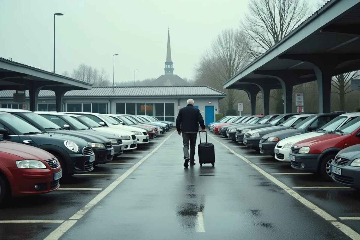 Parking extérieur en plein air devant la gare de Valence avec des voitures garées sur l'asphalte