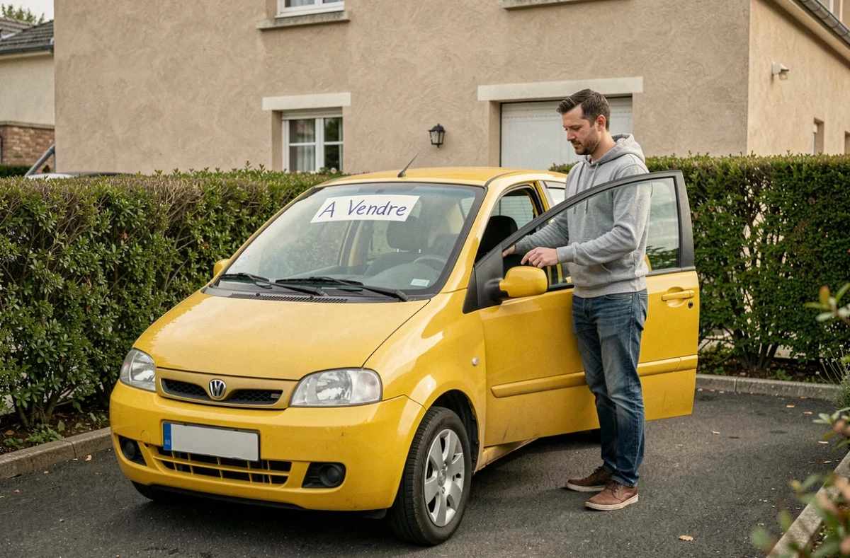 Particulier vendant une voiture sans permis d'occasion jaune dans une allée résidentielle avec panneau À Vendre