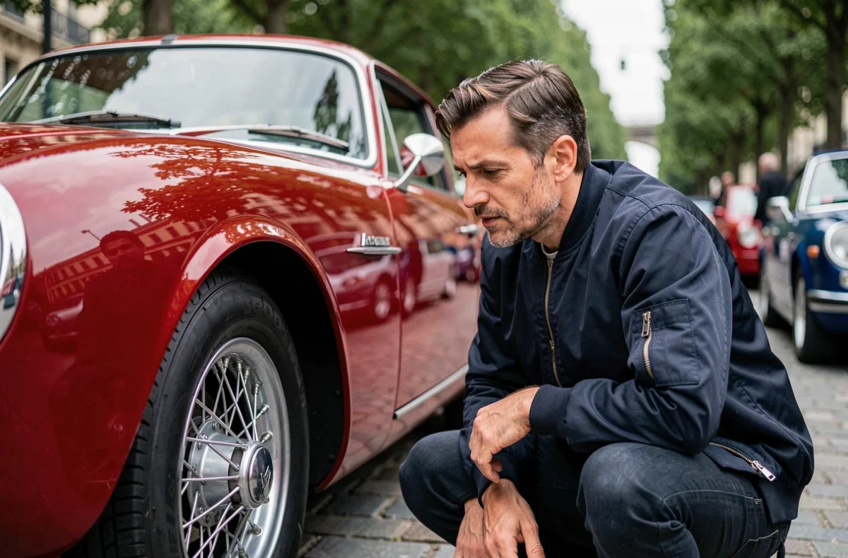 Passionné automobile admirant la carrosserie d'une voiture classique restaurée lors d'un meeting voiture à Paris