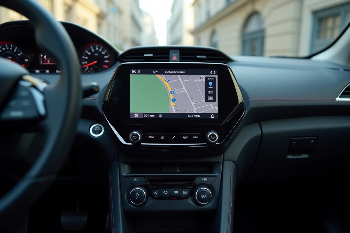 Écran tactile central de la Peugeot 208 avec interface de navigation et tableau de bord moderne