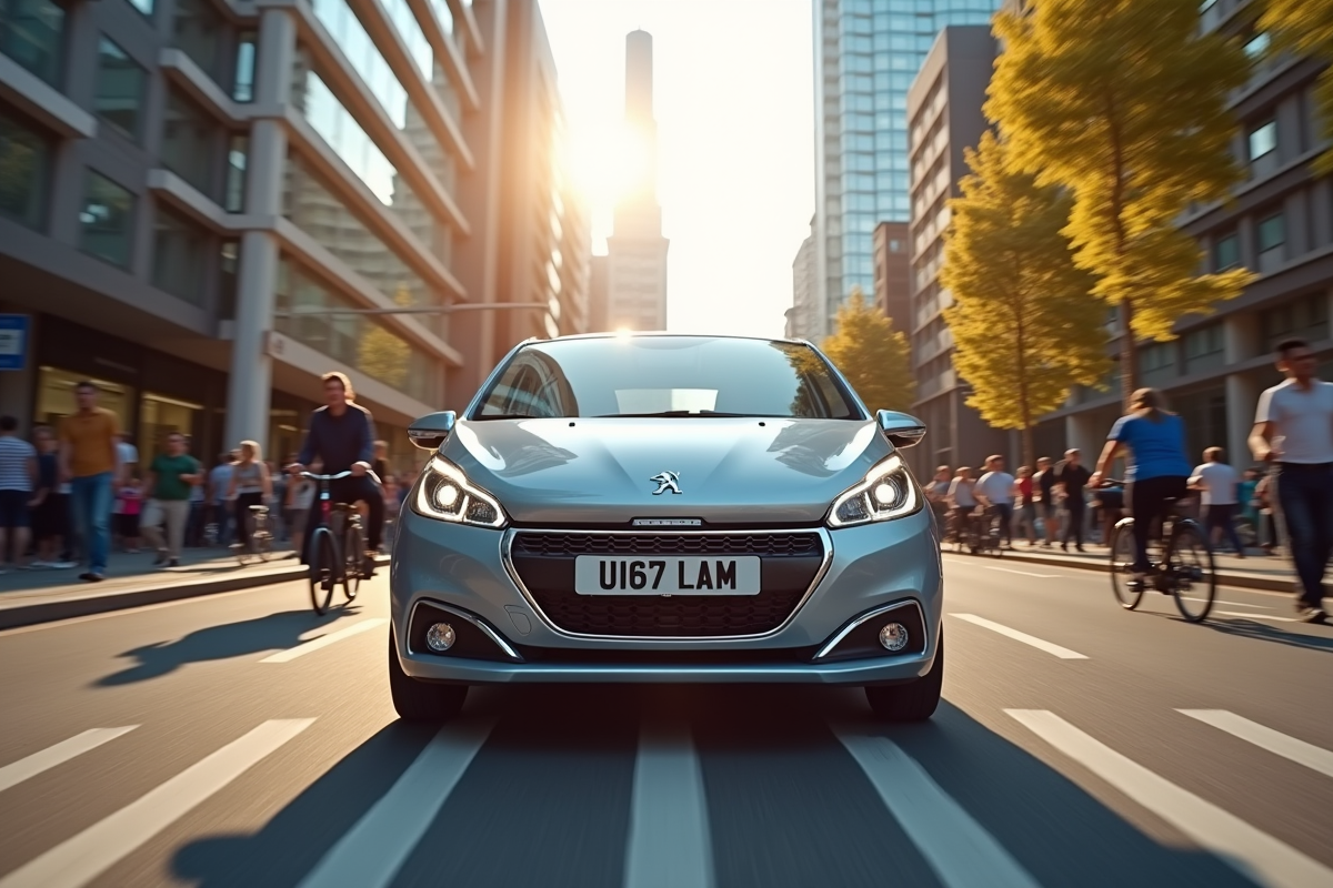 Peugeot 208 électrique roulant dans une intersection urbaine