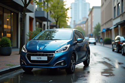Peugeot 208 électrique stationnée en ville en plein jour