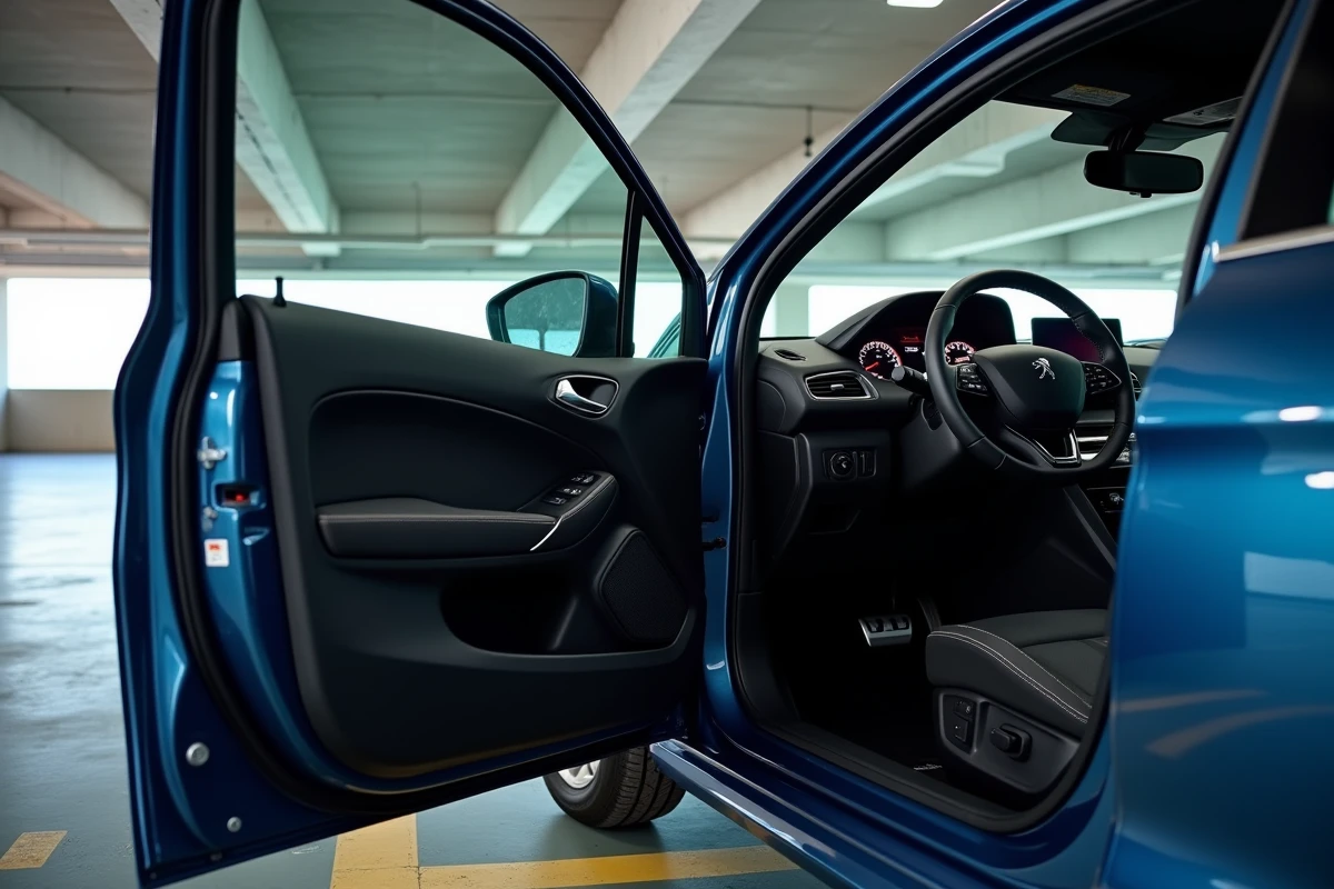 Peugeot 208 vue depuis l'extérieur avec portière ouverte révélant le tableau de bord i-Cockpit dans un parking urbain