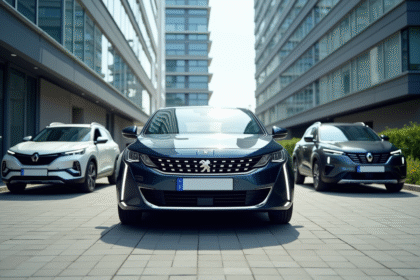 Peugeot 408 hybride devant des immeubles modernes en ville
