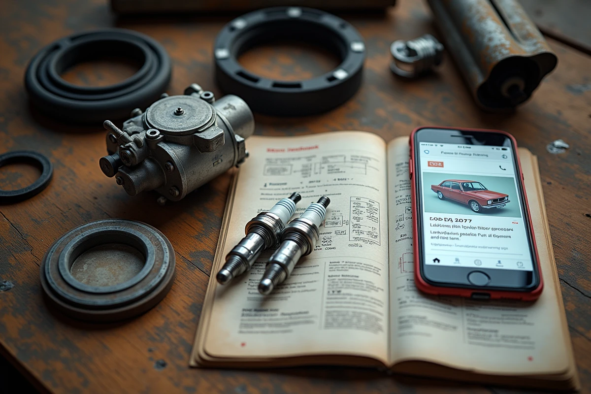 Pièces détachées LADA et catalogue de pièces automobile sur un établi en bois dans un garage français