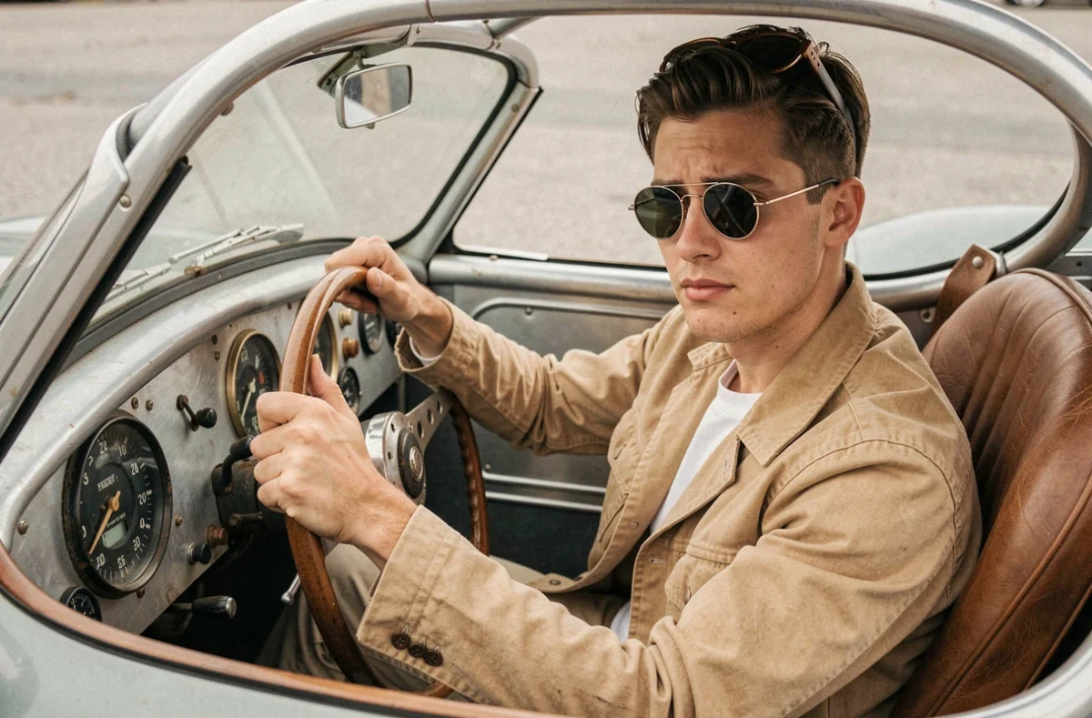 Jeune pilote des années 1950 aux lunettes rondes assis dans le cockpit étroit d'une voiture de course Porsche vintage, mains sur le volant, expression concentrée et détendue