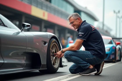 Homme en polo de course vérifiant la pression des pneus