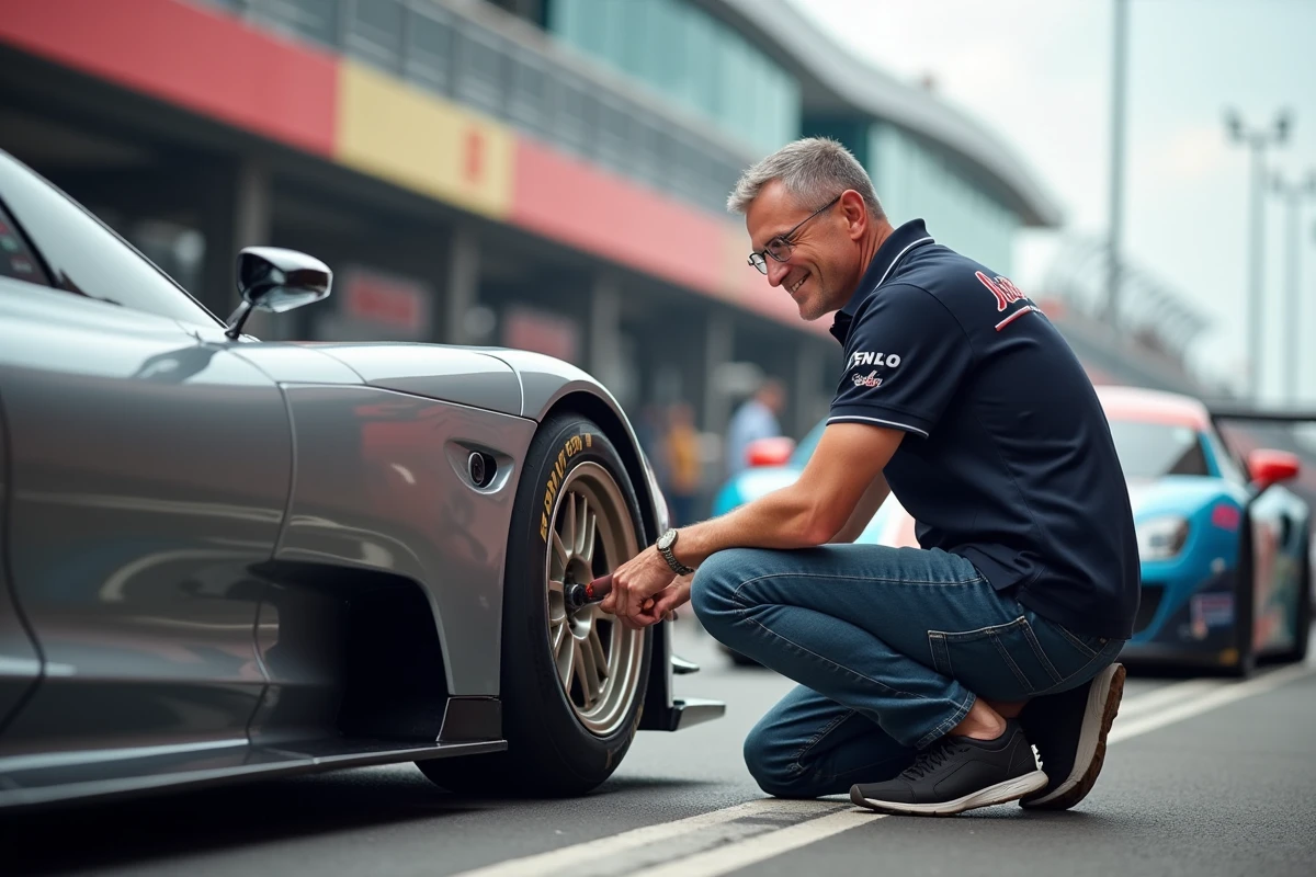 Homme en polo de course vérifiant la pression des pneus
