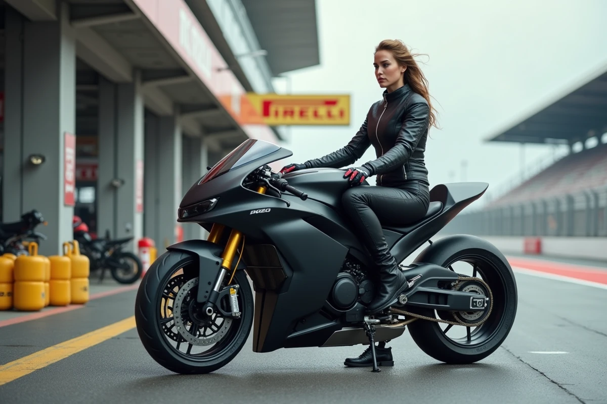 Rider féminin sur superbike futuriste en paddock urbain