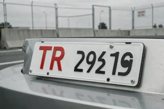 Plaque TR de transit temporaire fixée à l'arrière d'un véhicule européen près d'un poste de douane