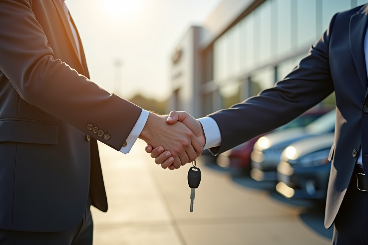 Poignée de main entre client et conseiller automobile sur le lot