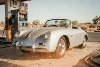 Porsche 550 Spyder argentée garée dans une station-service américaine des années 1950 en Californie, vue de trois quarts avant sur route désertique poussiéreuse