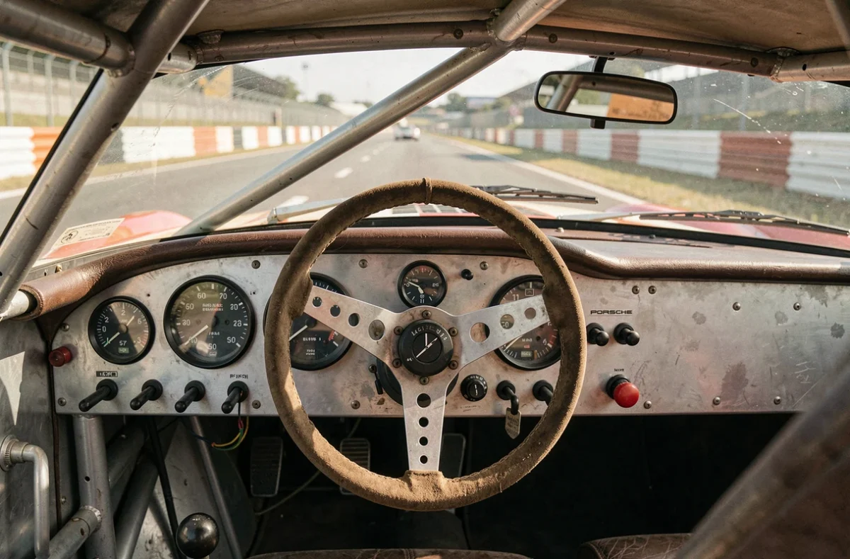 Intérieur du cockpit de la Porsche 917 vu depuis le siège du pilote, volant en aluminium ajouré et tableau de bord analogique d'époque avec circuit en arrière-plan flou
