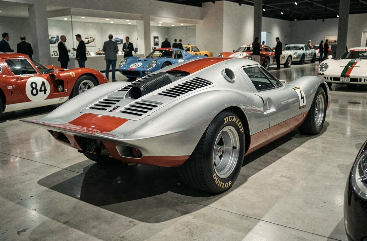 Porsche 917 Langheck version longue queue en argent et rouge exposée dans un musée automobile, vue trois quarts arrière révélant la carrosserie allongée caractéristique
