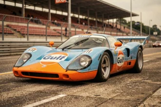 Porsche 917K Gulf Oil en livrée bleu et orange garée dans le paddock d'un circuit historique, vue trois quarts avant grand angle avec détails de carrosserie d'époque