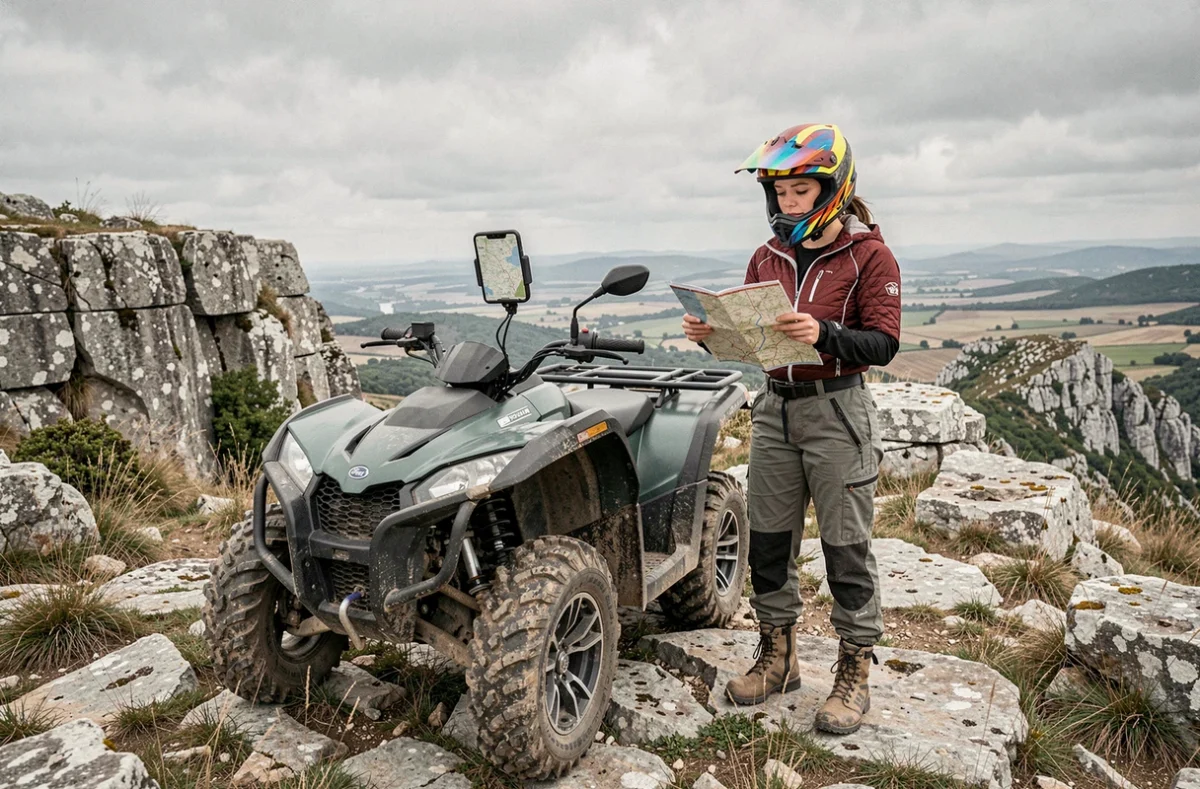 Femme debout à côté de son quad électrique sur un plateau rocheux, consultant un itinéraire off-road pour débutants