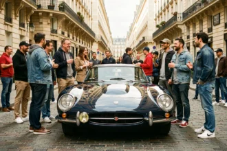 Rassemblement de voitures anciennes à Paris le week-end, passionnés autour d'une sportive française sur boulevard parisien