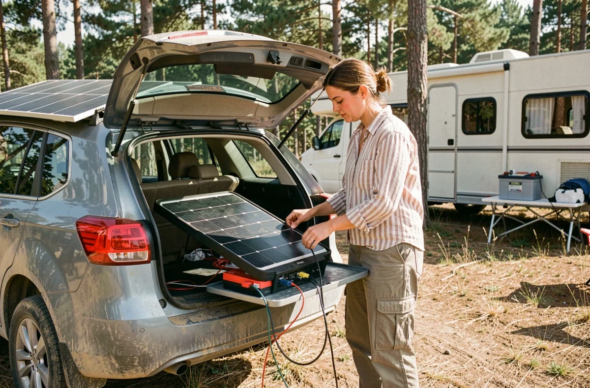 Femme configurant un kit solaire pliable pour recharger une batterie de voiture en pleine nature