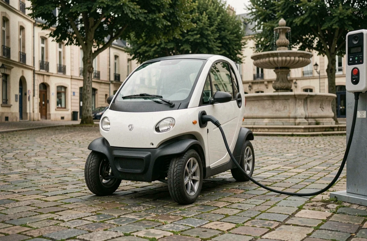 Voiture sans permis électrique branchée à une borne de recharge sur une place de village française pavée
