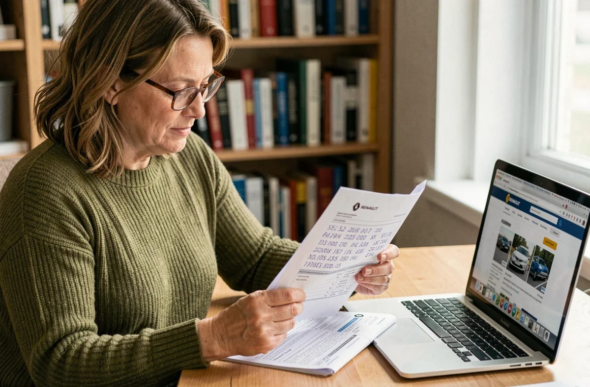 Femme consultant des documents pour retrouver le code radio de sa Renault Clio 3 à son bureau