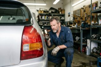 Mécanicien inspectant le feu arrière cassé d'une compacte ancienne génération dans un atelier de réparation automobile