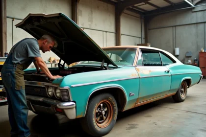 Restauration d'une Chevrolet Impala 4 portes 1967 dans un atelier mécanique, capot ouvert sur un moteur V8 en cours de démontage