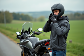 Homme en moto en nature avec casque et veste textile