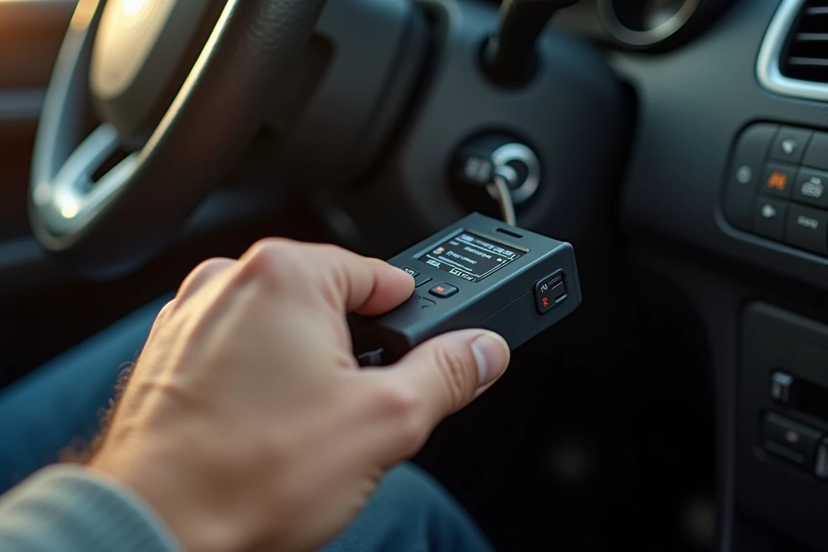 Diagnostic OBD2 branché sous le volant d'une Renault Clio 4 pour résoudre un problème d'authentification après remplacement de batterie