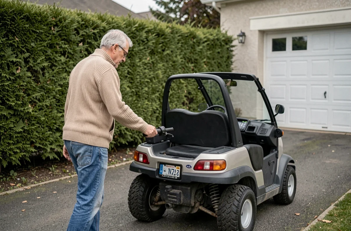 Homme senior inspectant une voiture sans permis dans une allée résidentielle avant achat