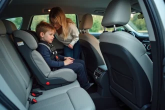 Deux sièges enfants installés côte à côte sur la banquette arrière d'une Audi A3 Sportback avec fixations ISOFIX visibles