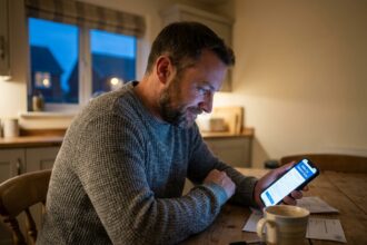 Homme souscrivant une assurance auto en ligne sur son smartphone un dimanche soir dans sa cuisine