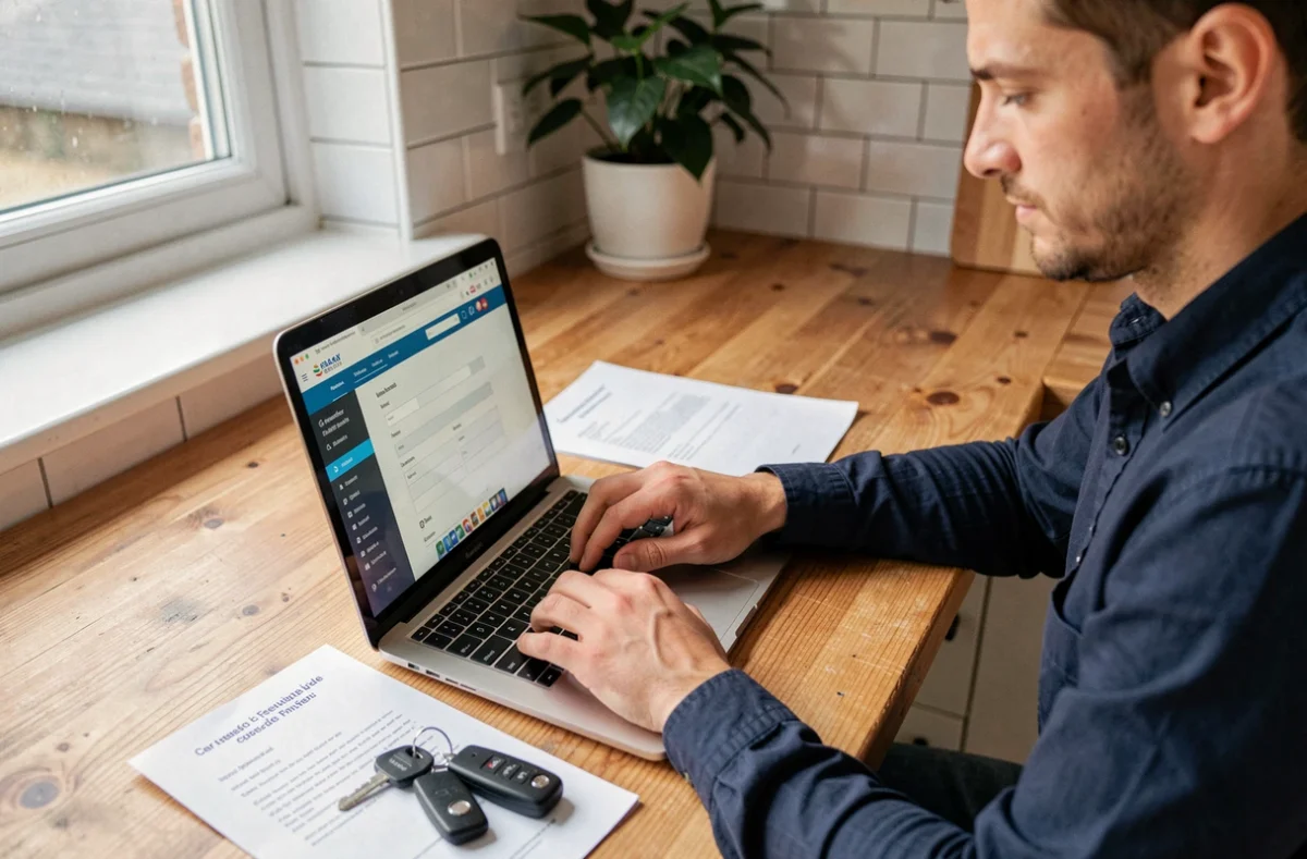 Homme comparant des offres d'assurance auto tous risques en ligne sur ordinateur portable à la table de sa cuisine
