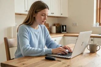 Jeune femme souscrivant une assurance auto en ligne sur son ordinateur portable depuis chez elle