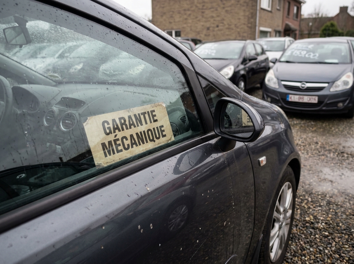 Sticker de garantie panne mécanique collé sur la vitre d'une voiture d'occasion exposée dans un parc automobile de concessionnaire