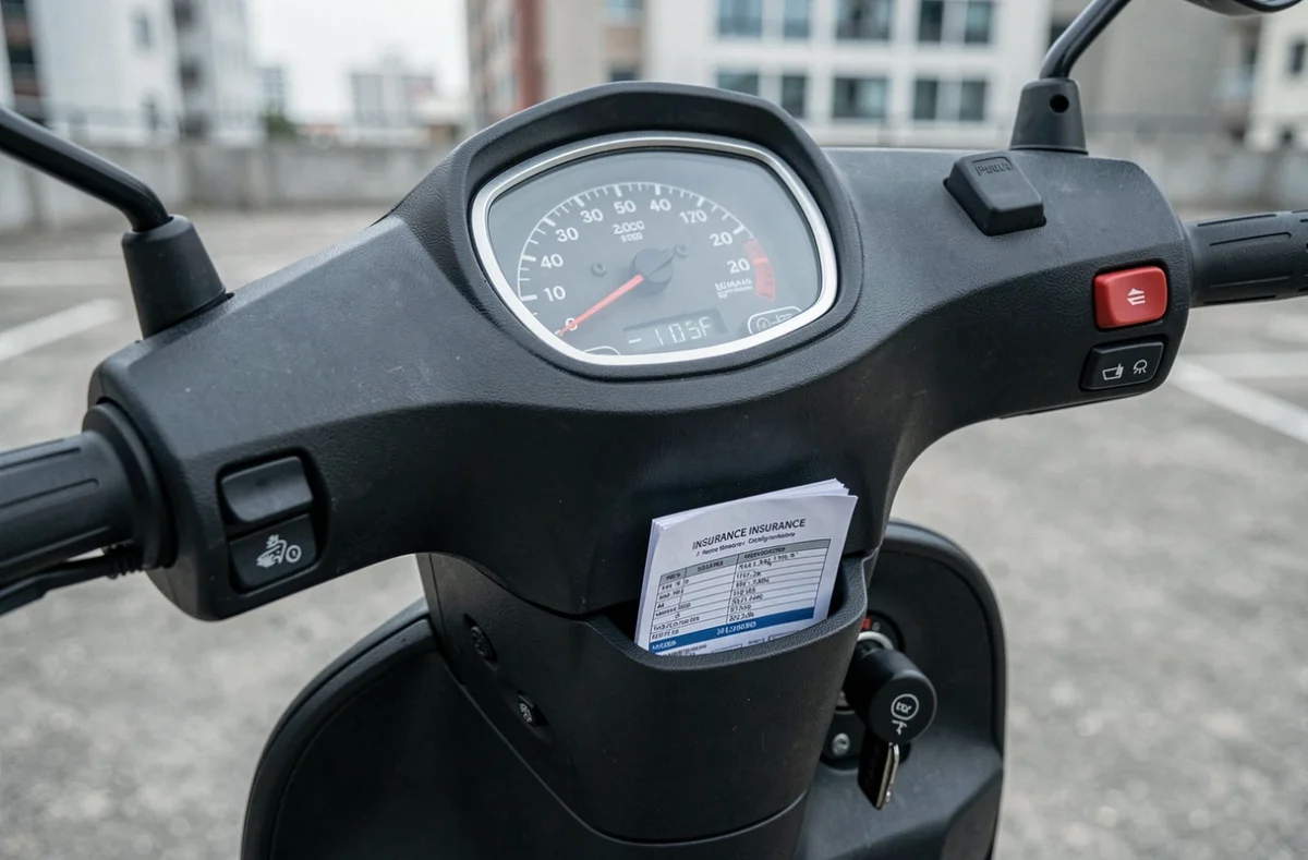 Tableau de bord d'un scooter 50cc avec un document d'assurance visible, illustration du tarif assurance scooter