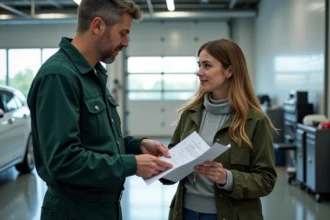 Technicien auto expliquant une checklist à une cliente dans un atelier