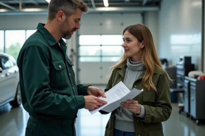 Technicien auto expliquant une checklist à une cliente dans un atelier