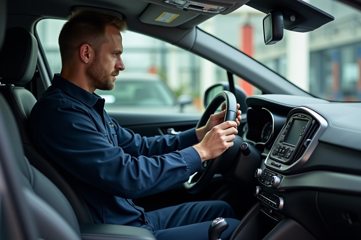 Technicien automobile utilisant un outil de diagnostic moderne