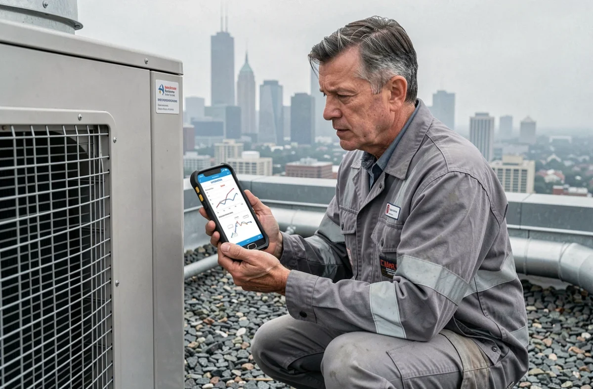 Technicien de maintenance consultant un rapport d'intervention numérique sur smartphone sur un toit en milieu urbain