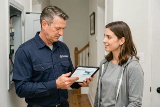 Technicien terrain montrant un rapport d'intervention numérique sur tablette à une cliente à domicile