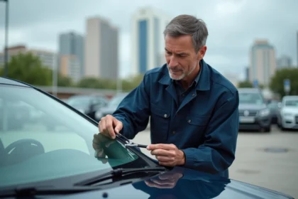 Technicien automobile appliquant un kit de réparation de pare-brise dans un parking urbain, accessoires autovitrage utiles au quotidien