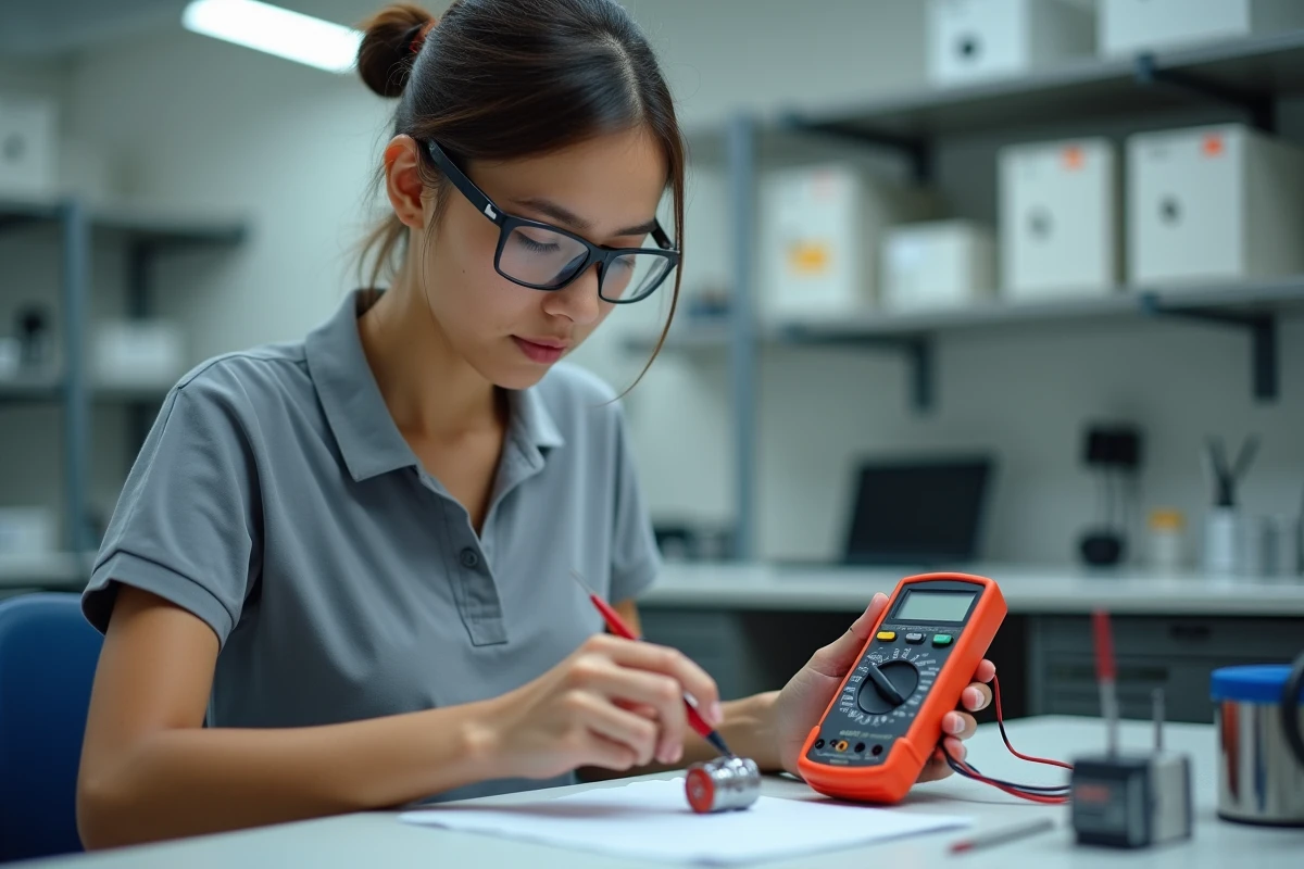 Jeune technicien testant un condensateur avec multimètre